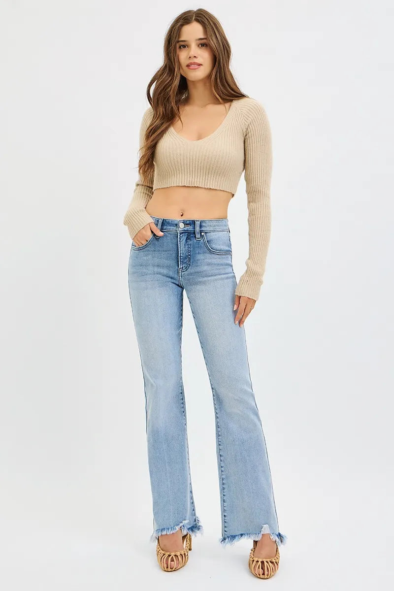 RISEN Tummy Control Mid Rise Flare Jeans with Fray Hem