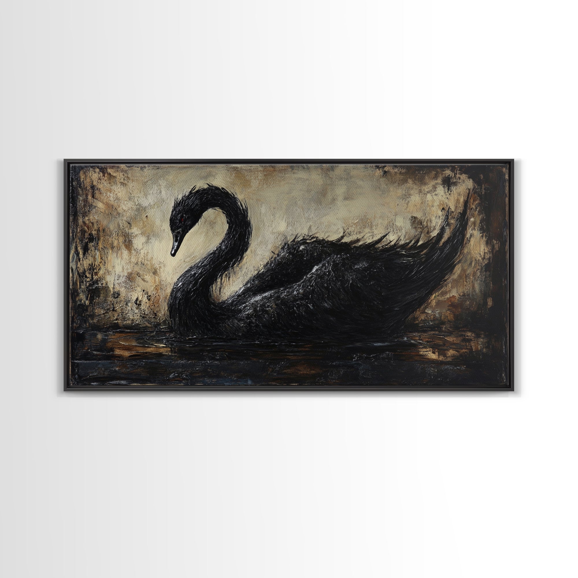 The Black Swan Framed Canvas Print - Goth Decor - Dark Academia Wall Art - Goth Painting - Swan Painting - Black Swan Wall Art Print