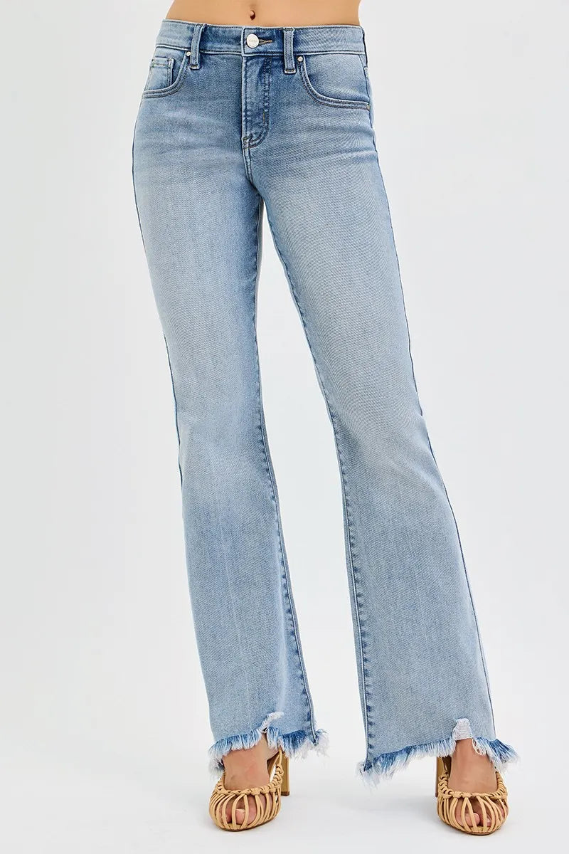 RISEN Tummy Control Mid Rise Flare Jeans with Fray Hem
