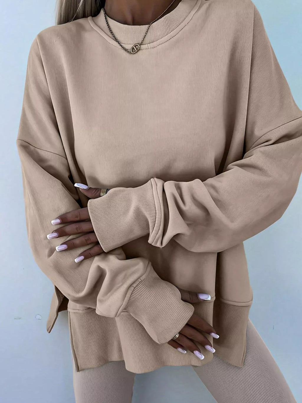 Oversized Slit Sweatshirt & Ribbed Leggings Set