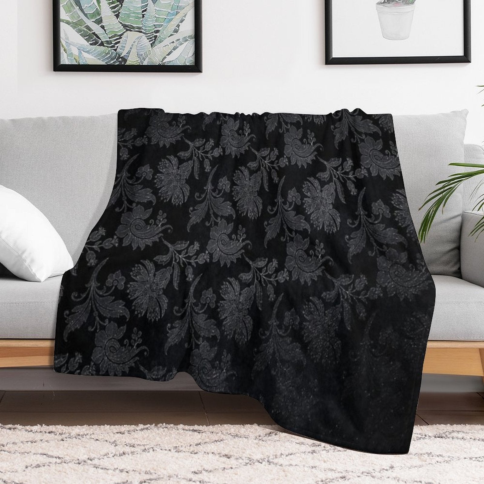 Black & Silver Vintage Damask Throw Blanket