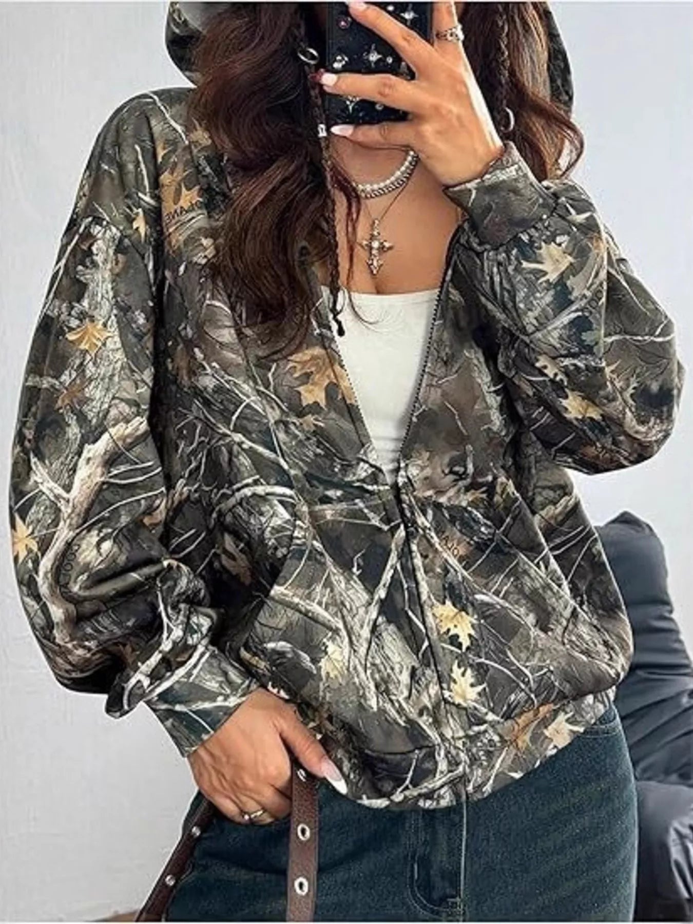 Camo Print Zip-Up Hoodie