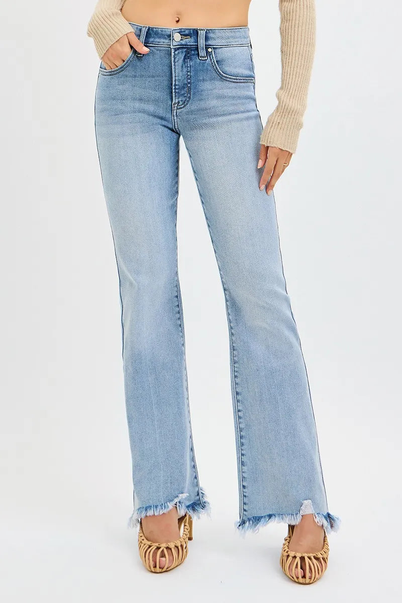 RISEN Tummy Control Mid Rise Flare Jeans with Fray Hem