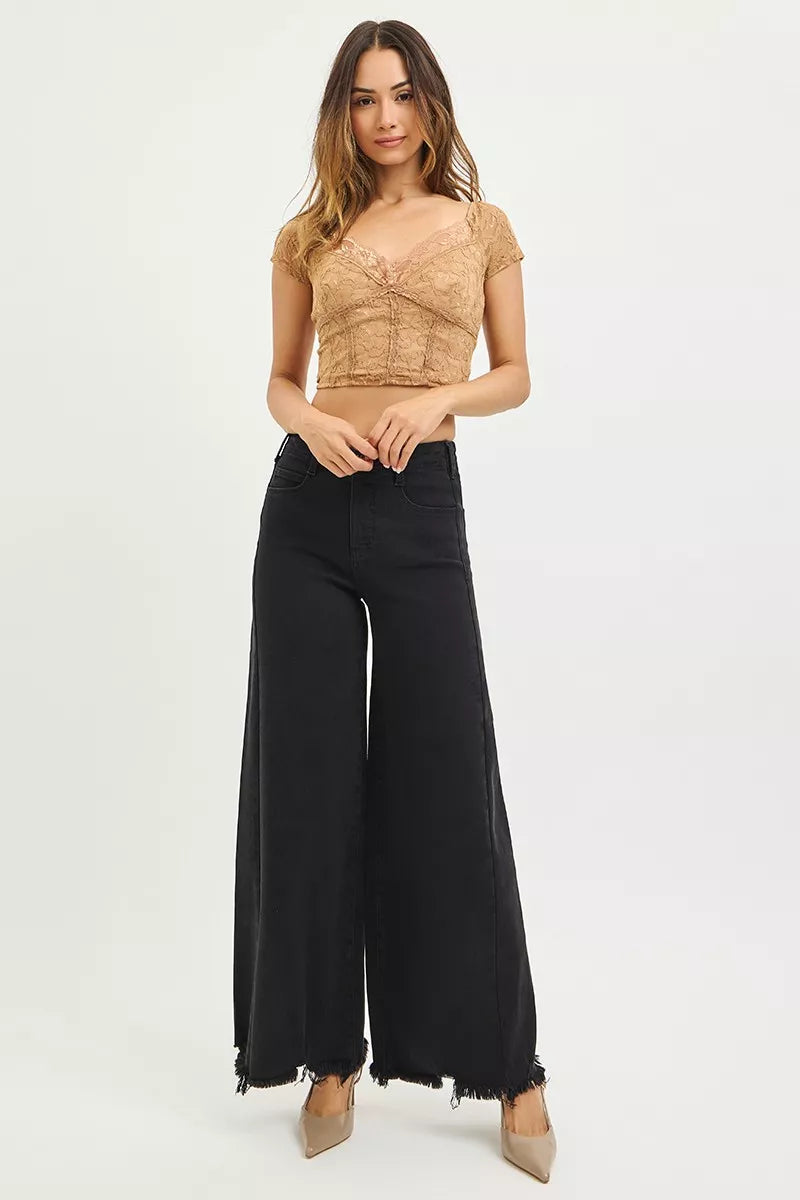 RISEN High Rise Palazzo Leg Frayed Hem Jeans