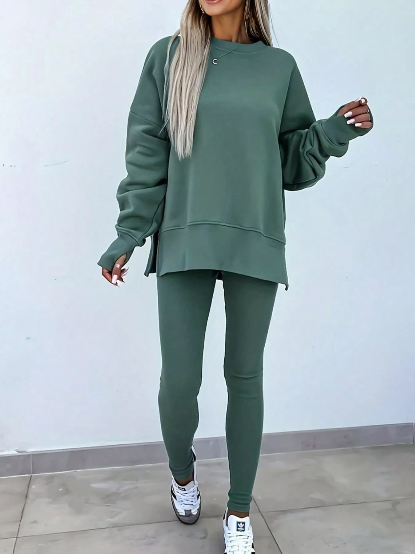 Oversized Slit Sweatshirt & Ribbed Leggings Set
