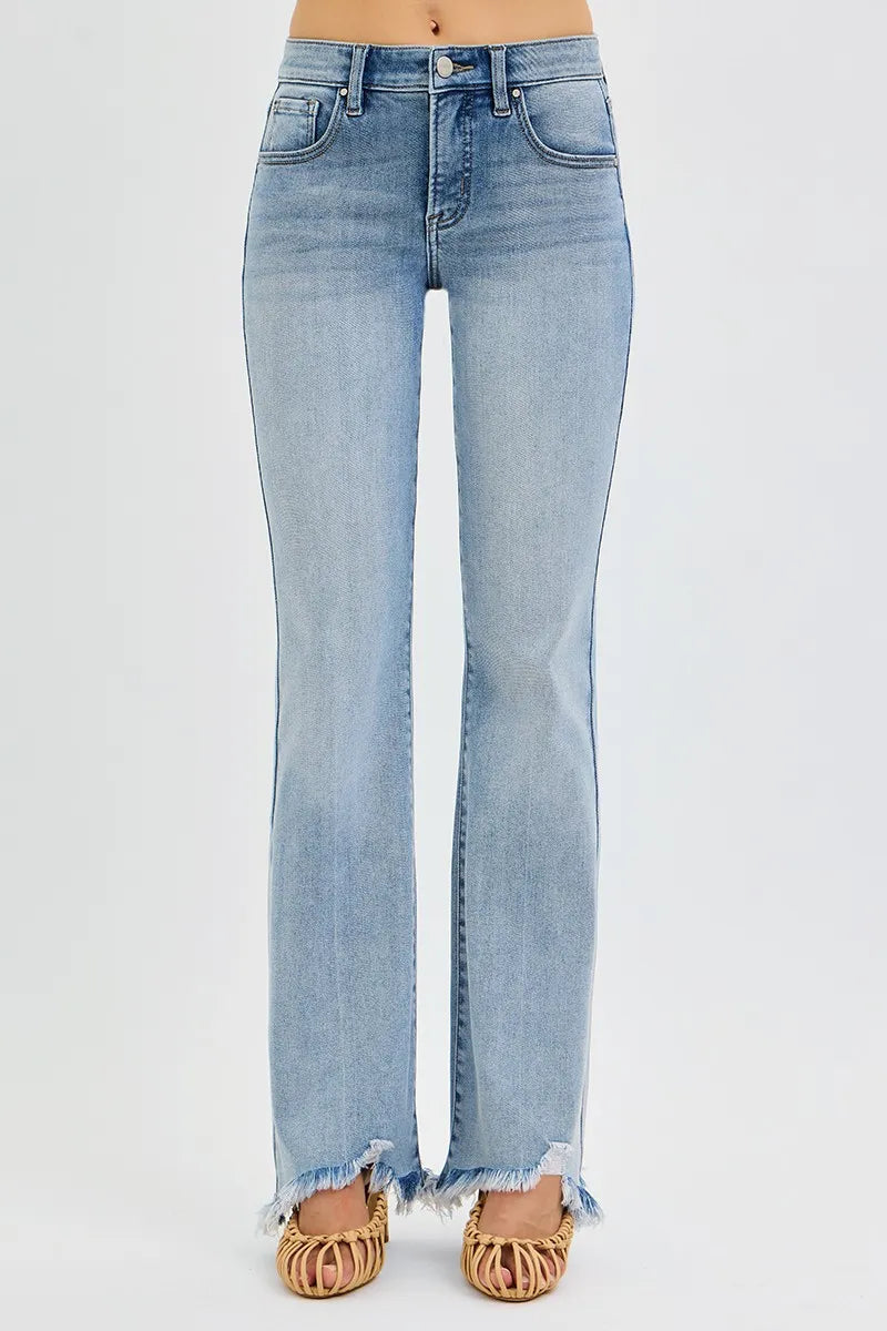 RISEN Tummy Control Mid Rise Flare Jeans with Fray Hem