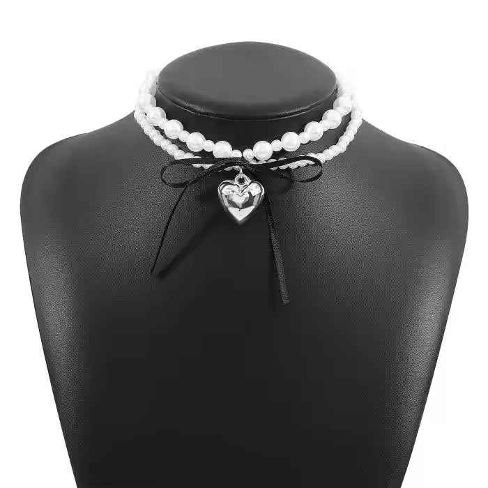 Dark Heart Ribbon Bow Necklace