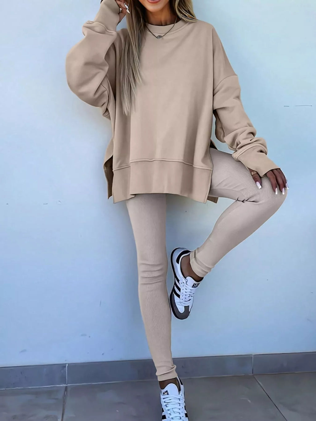 Oversized Slit Sweatshirt & Ribbed Leggings Set