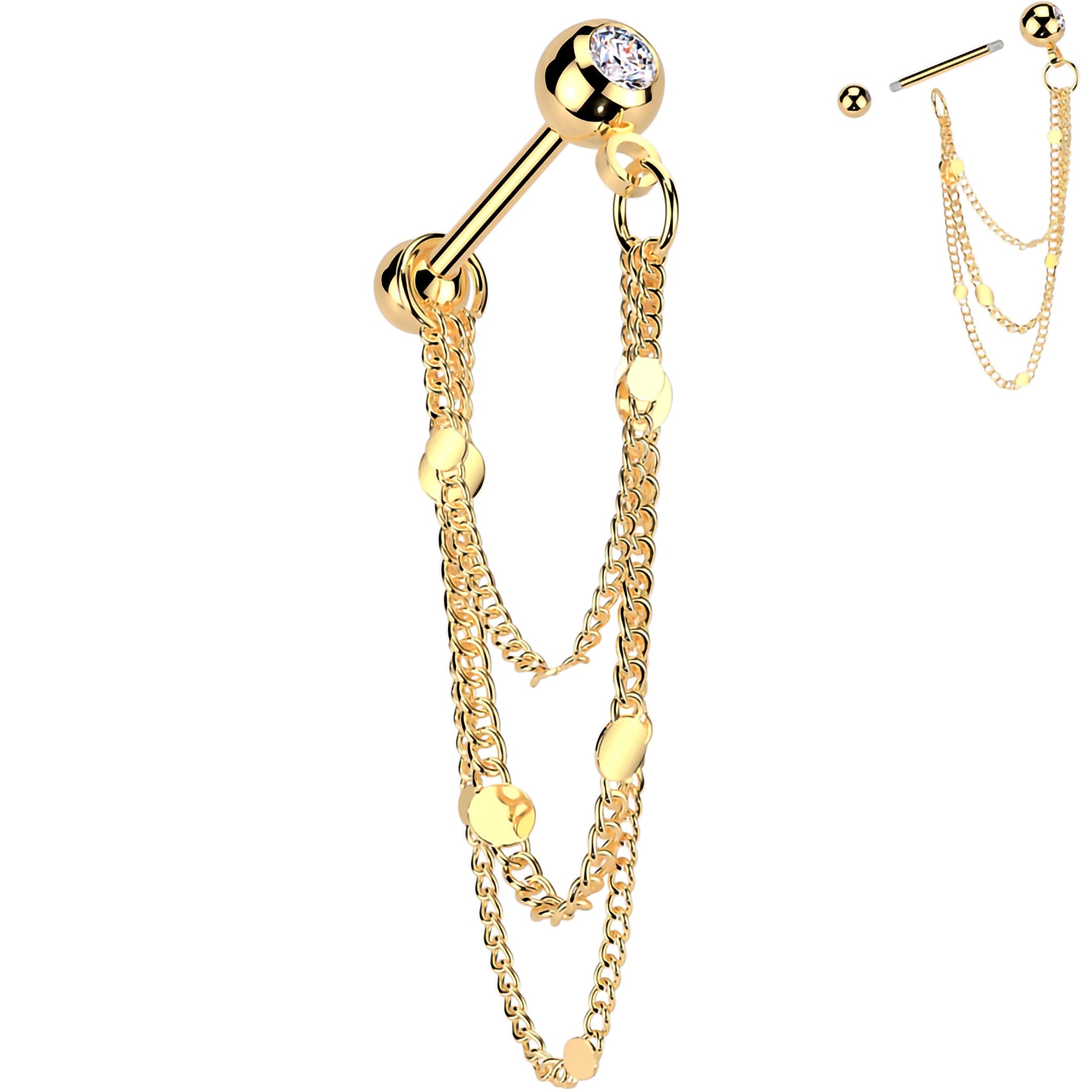 CZ Gem Stud Triple Chain Cartilage Earring