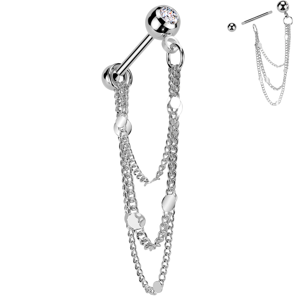 CZ Gem Stud Triple Chain Cartilage Earring