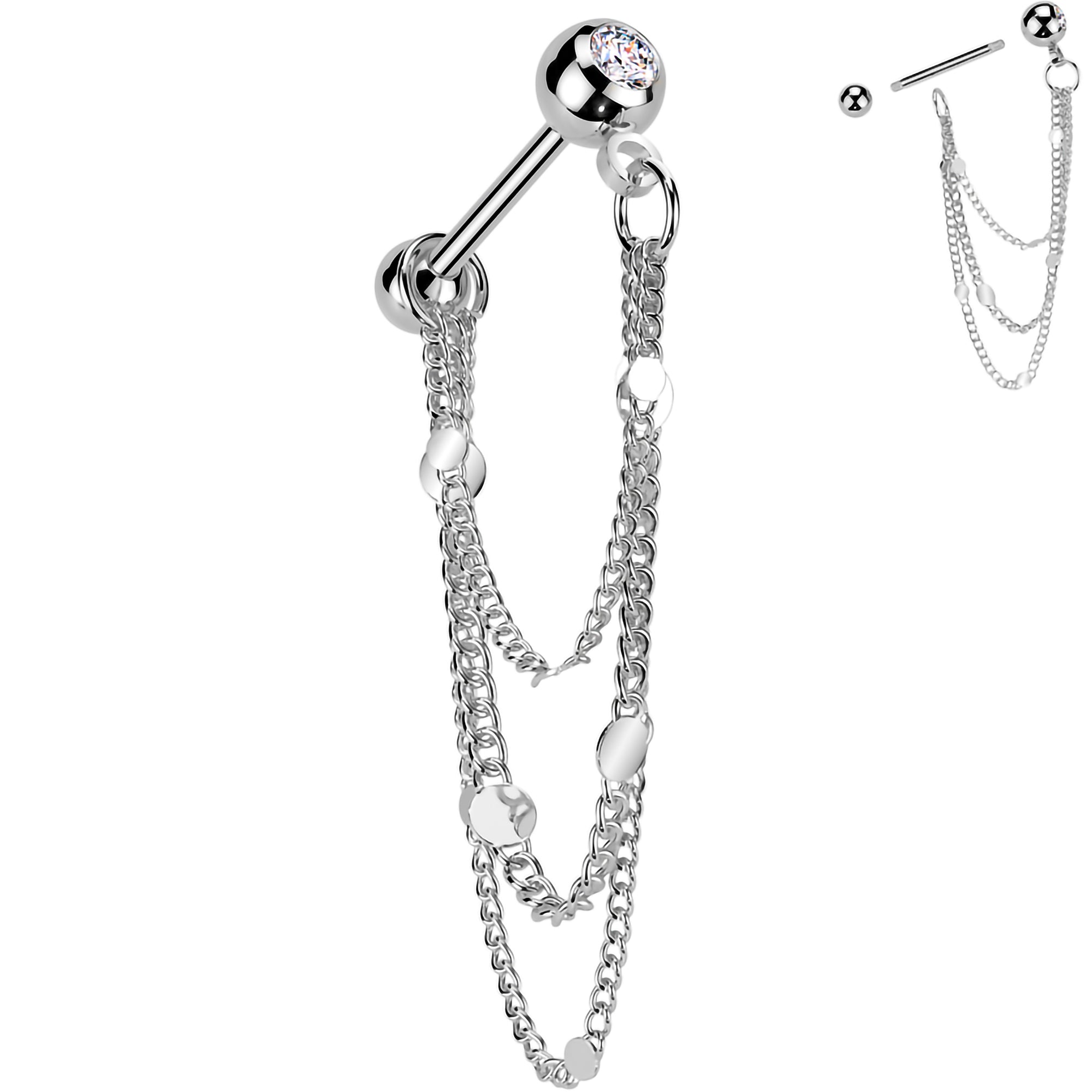 CZ Gem Stud Triple Chain Cartilage Earring