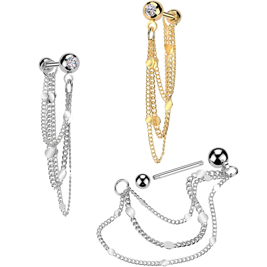 CZ Gem Stud Triple Chain Cartilage Earring