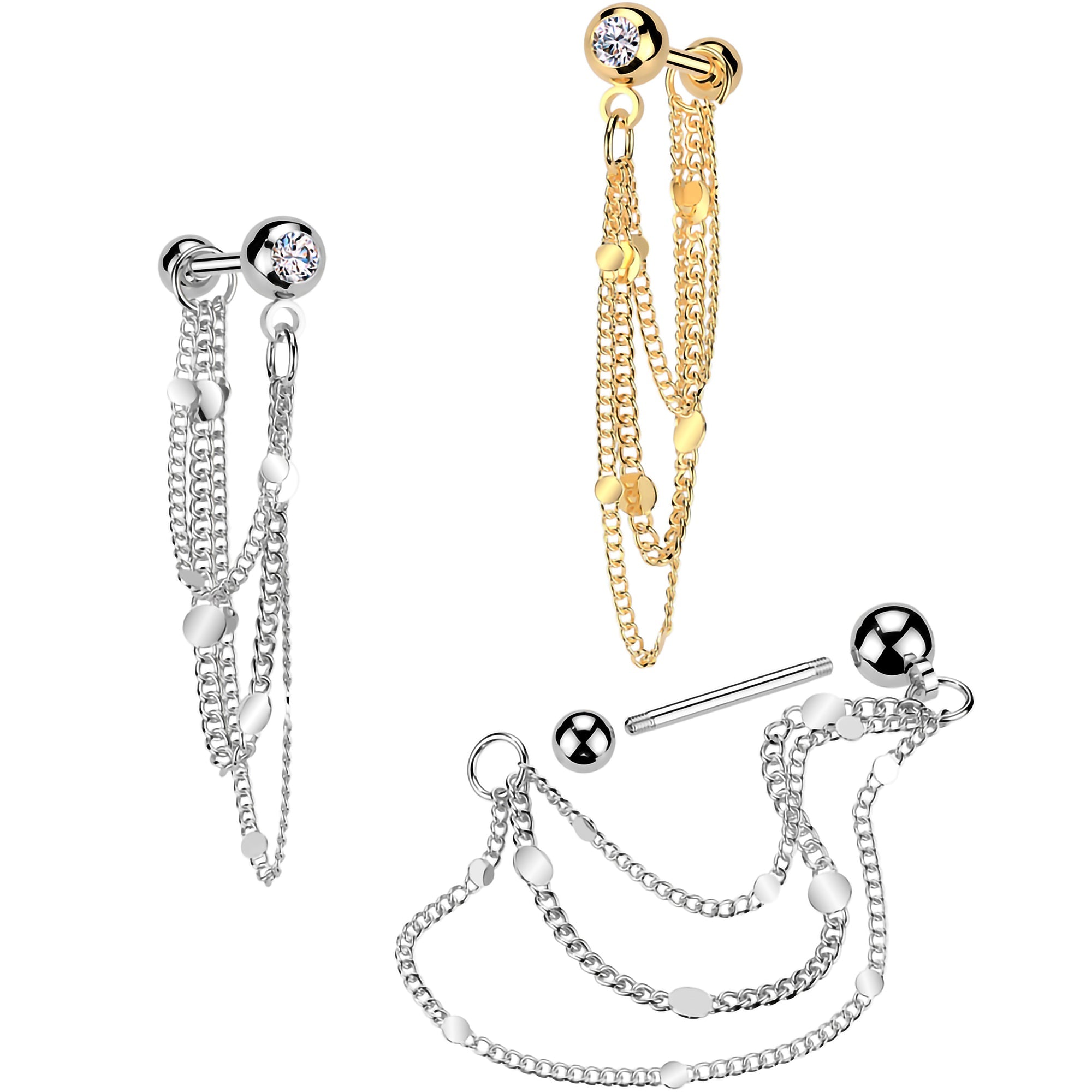 CZ Gem Stud Triple Chain Cartilage Earring