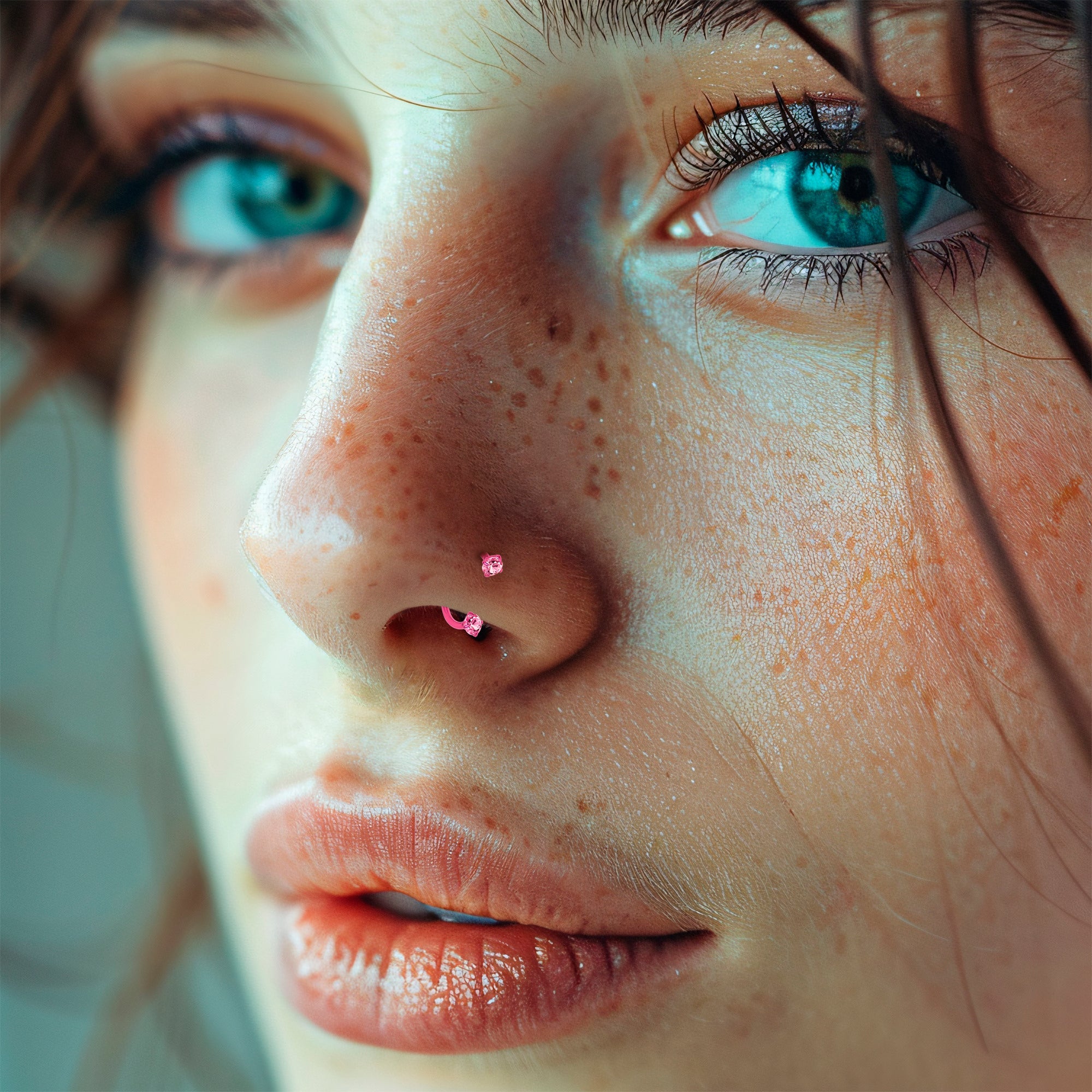 Pink Double CZ Gem Titanium Horseshoe Nose Ring