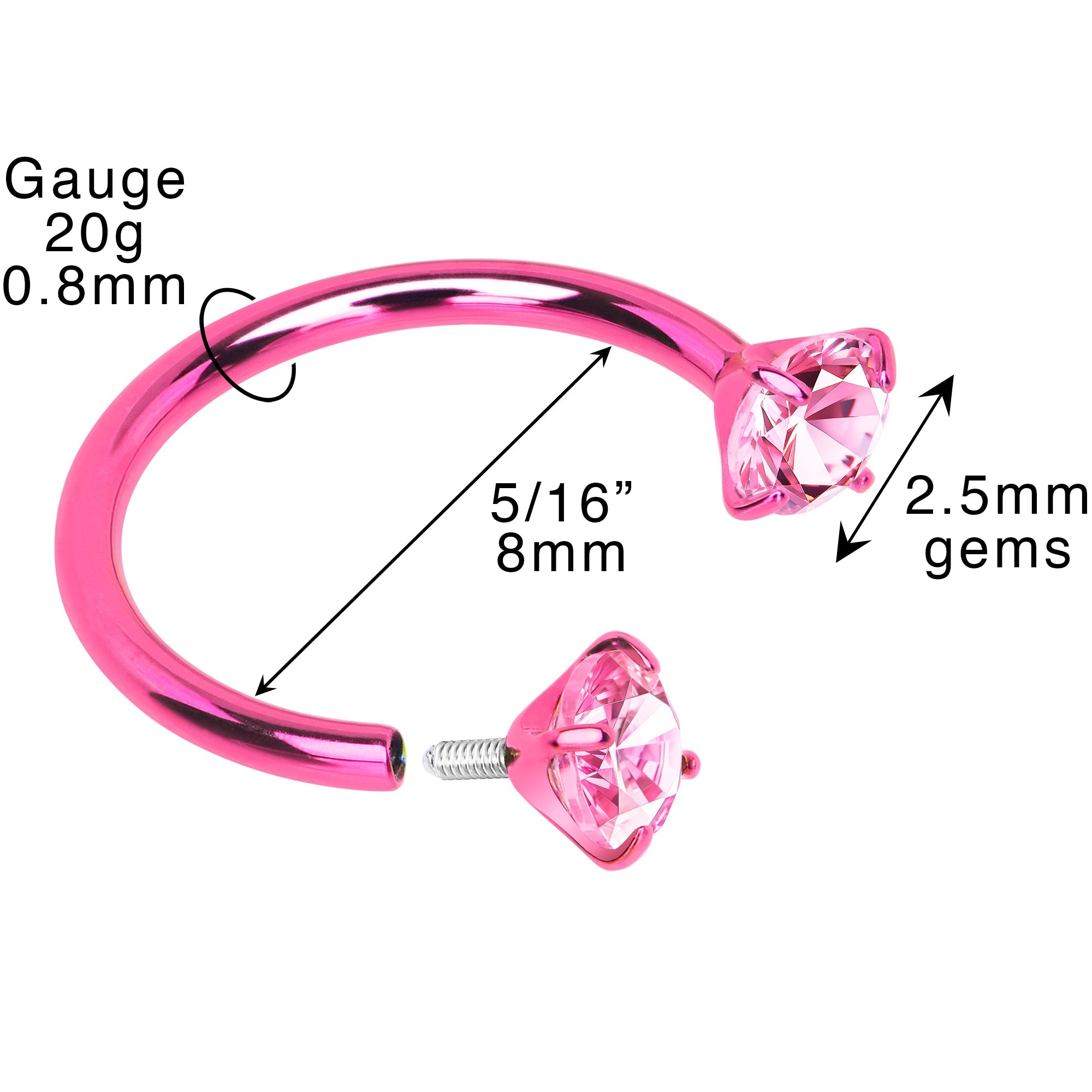 Pink Double CZ Gem Titanium Horseshoe Nose Ring