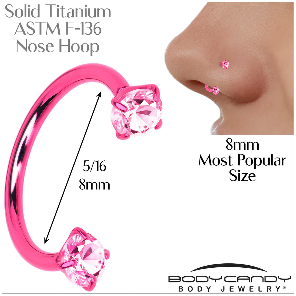 Pink Double CZ Gem Titanium Horseshoe Nose Ring