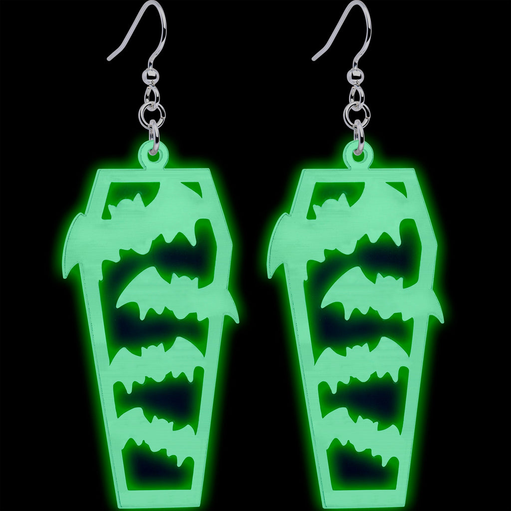 Glowing Bats & Coffin Glow-in-the-Dark Dangle Earrings