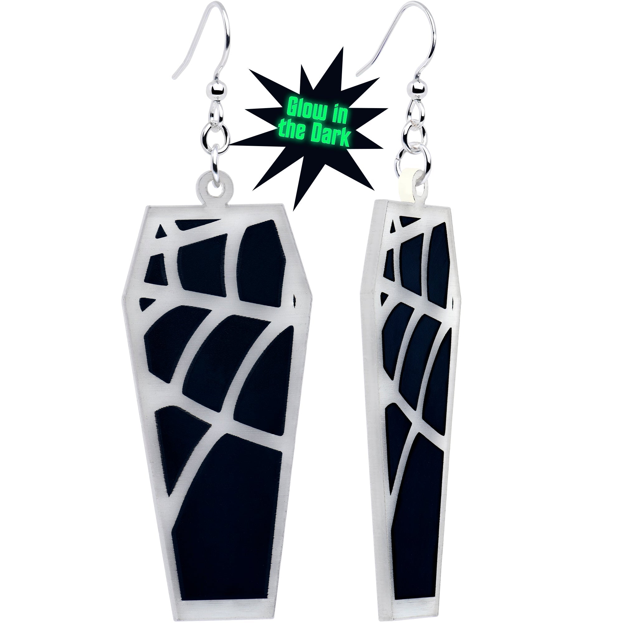 Glowing Spider Web Coffin Glow-in-the-Dark Dangle Earrings