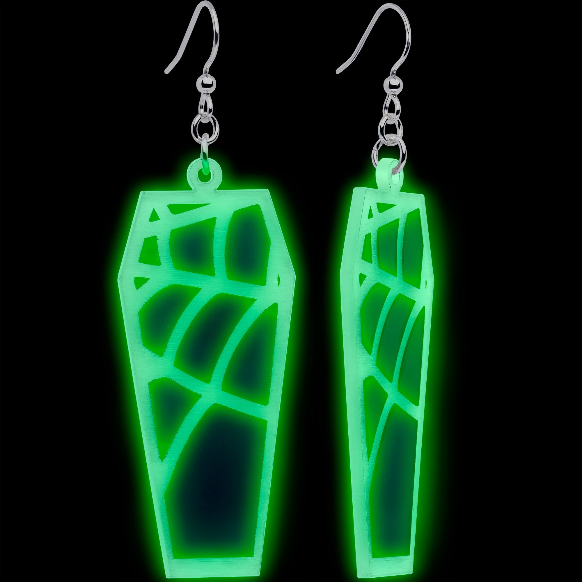 Glowing Spider Web Coffin Glow-in-the-Dark Dangle Earrings