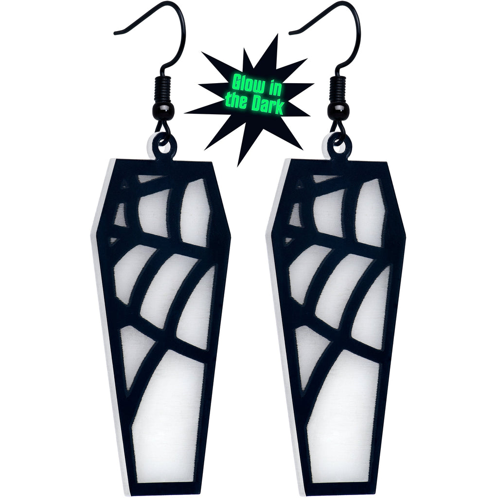 Black Spider Web Coffin Glow-in-the-Dark Dangle Earrings