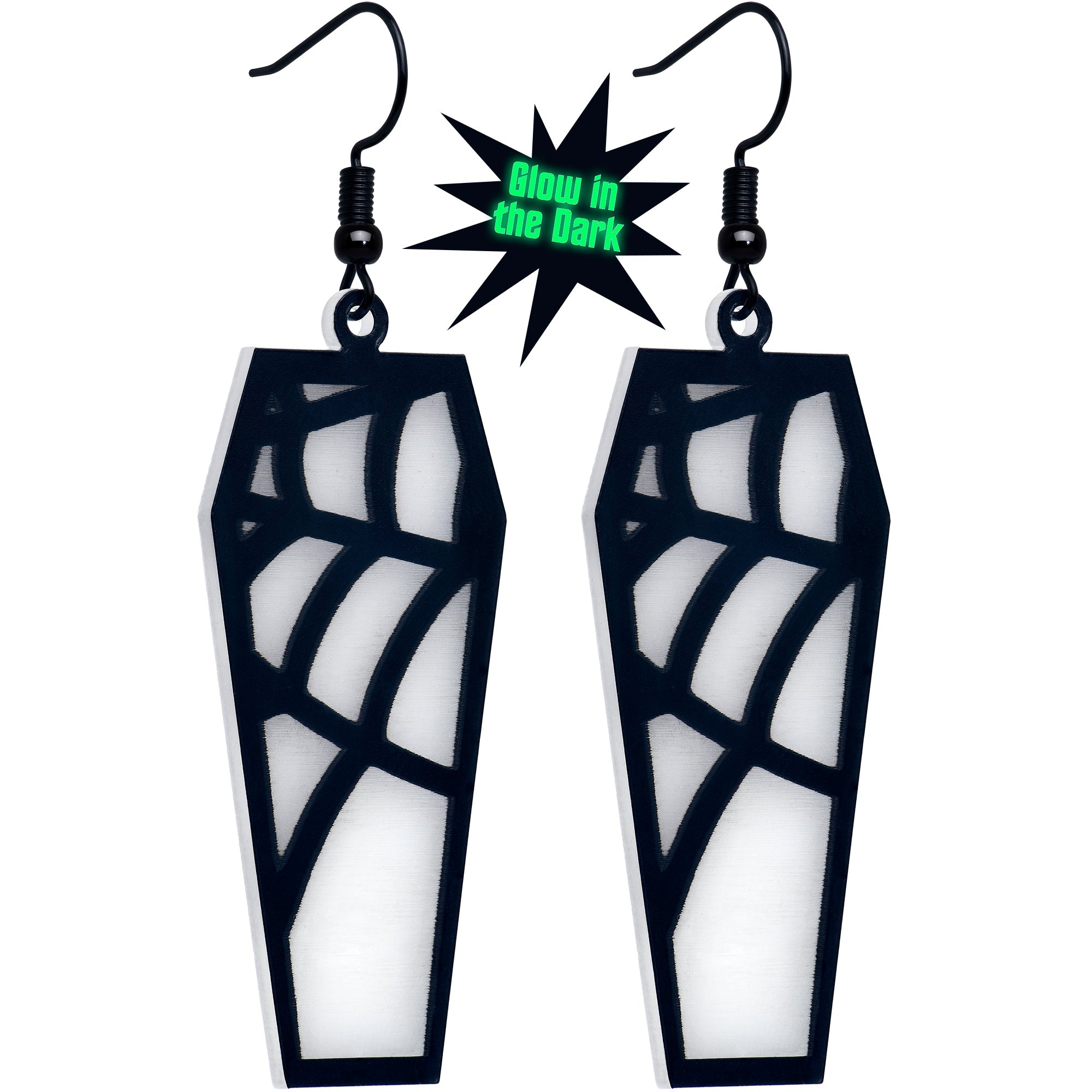 Black Spider Web Coffin Glow-in-the-Dark Dangle Earrings