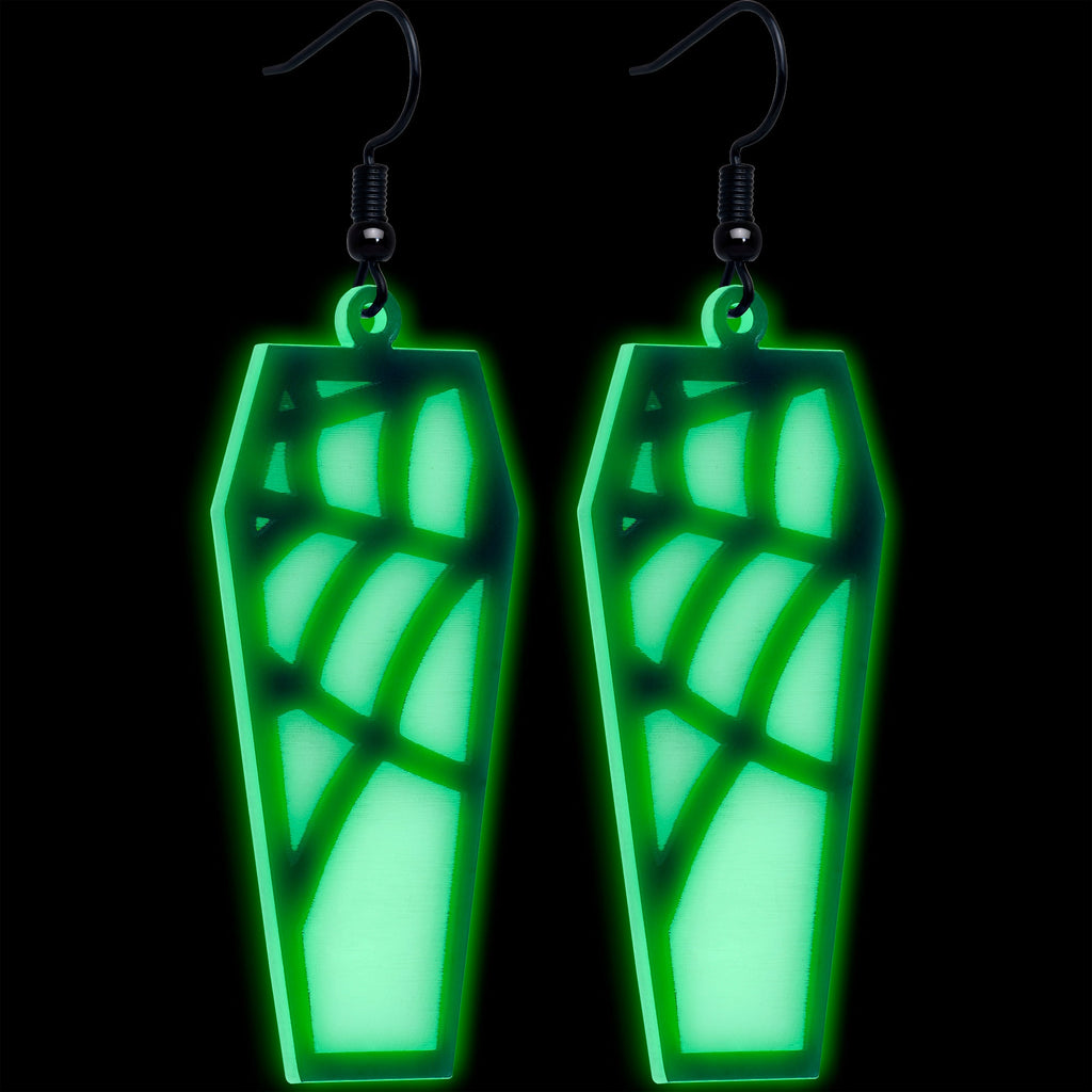 Black Spider Web Coffin Glow-in-the-Dark Dangle Earrings