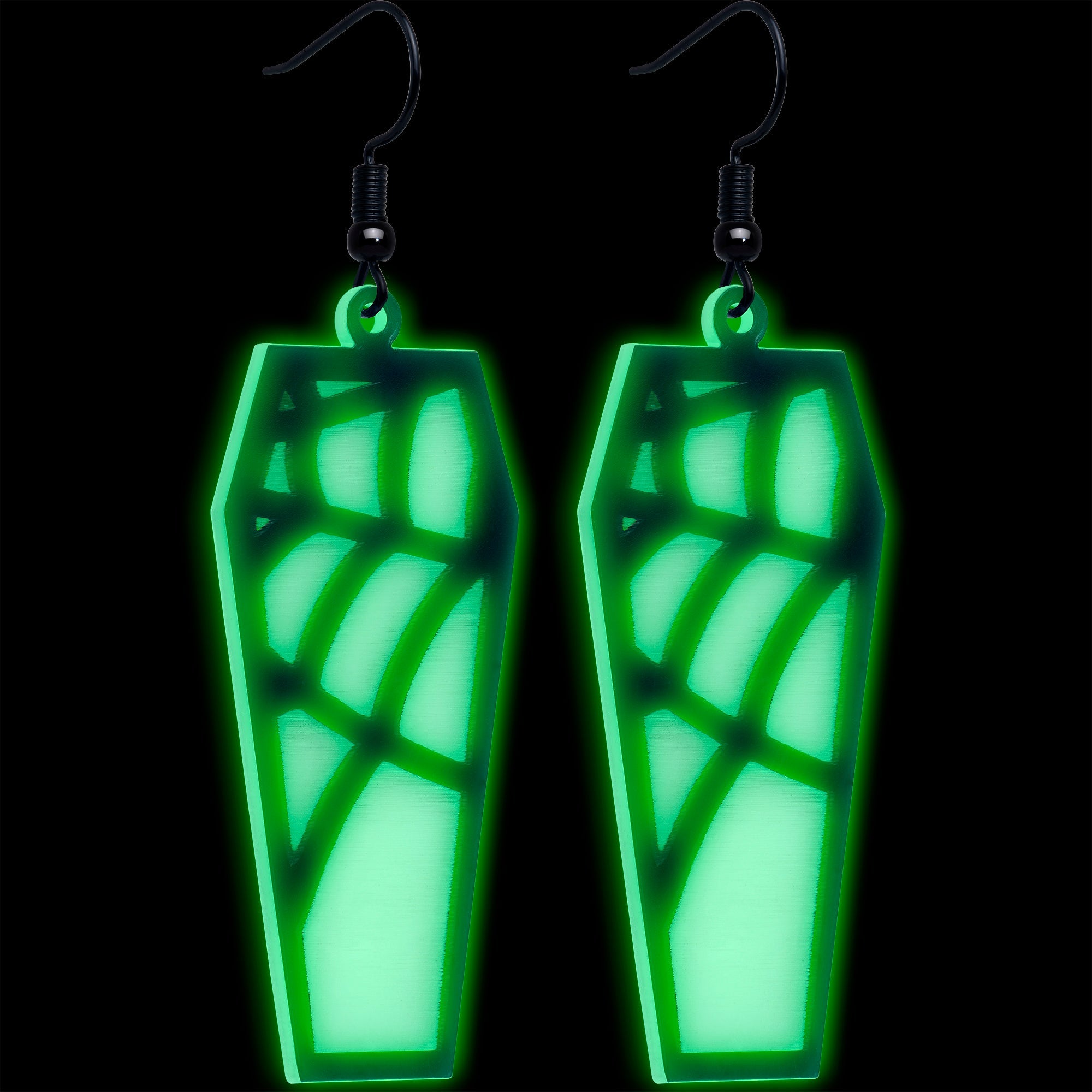Black Spider Web Coffin Glow-in-the-Dark Dangle Earrings