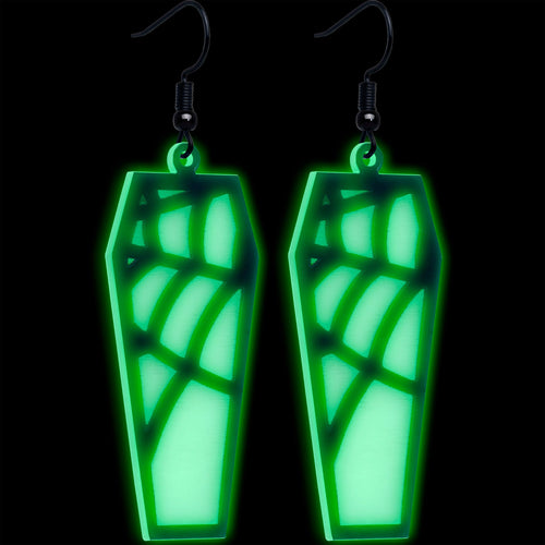 Black Spider Web Coffin Glow-in-the-Dark Dangle Earrings