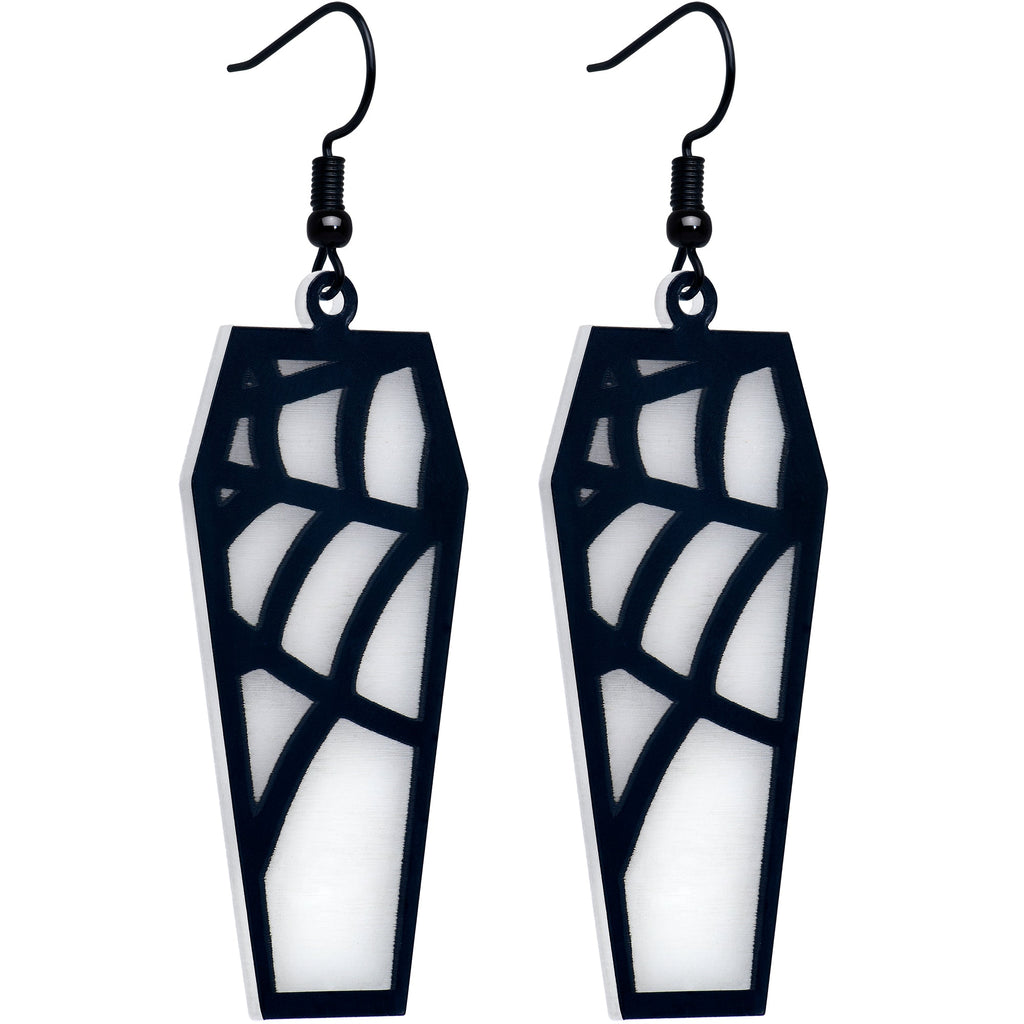 Black Spider Web Coffin Glow-in-the-Dark Dangle Earrings