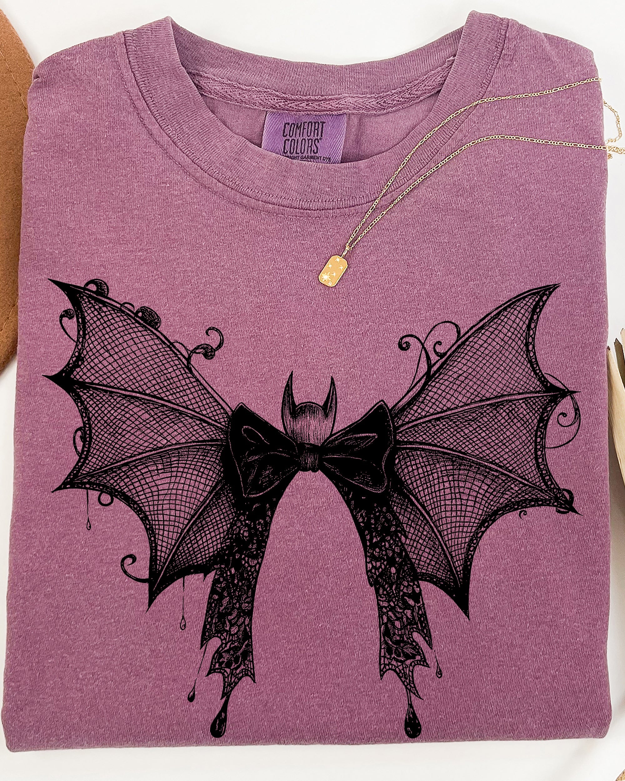 Bat & Lace Gothic Witch Tee — Garment-Dyed Comfort Colors Graphic Shirt