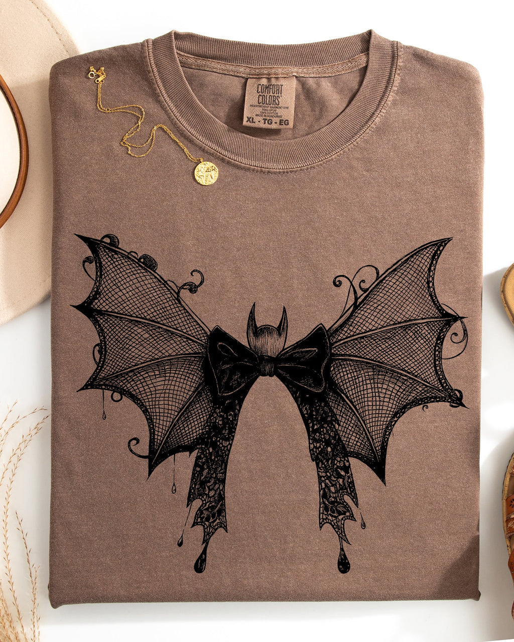 Bat & Lace Gothic Witch Tee — Garment-Dyed Comfort Colors Graphic Shirt