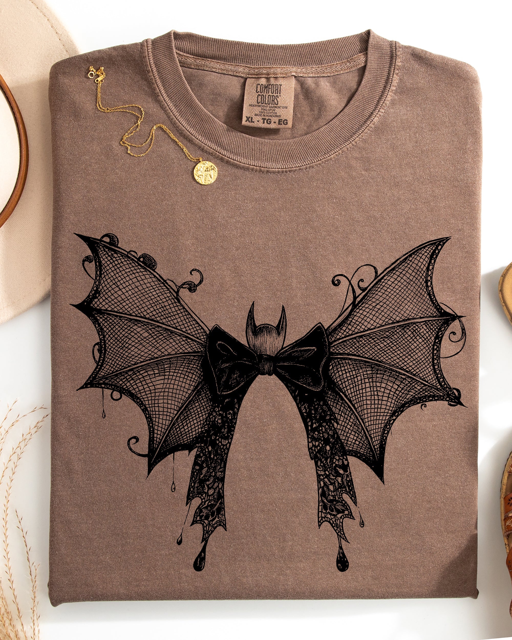 Bat & Lace Gothic Witch Tee — Garment-Dyed Comfort Colors Graphic Shirt