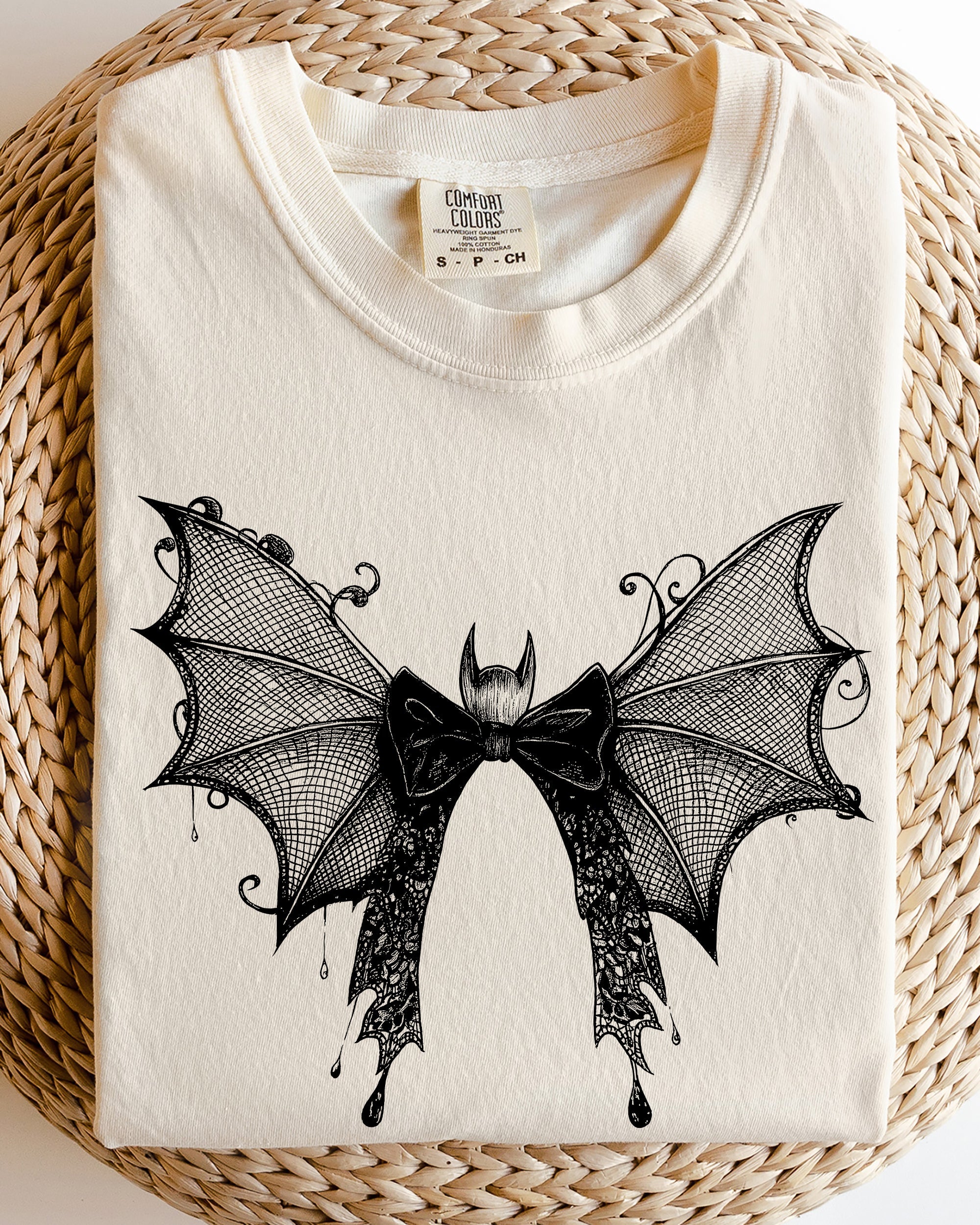 Bat & Lace Gothic Witch Tee — Garment-Dyed Comfort Colors Graphic Shirt