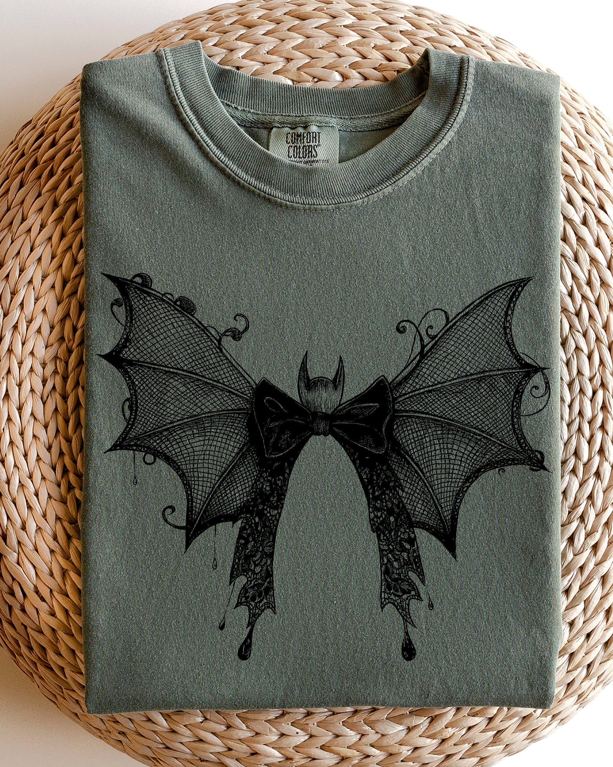 Bat & Lace Gothic Witch Tee — Garment-Dyed Comfort Colors Graphic Shirt