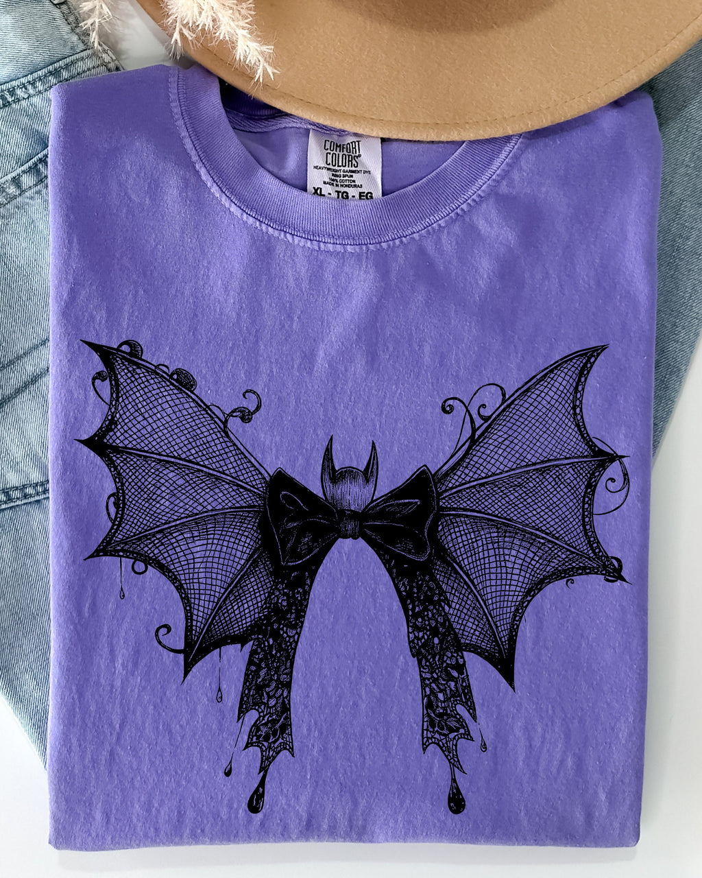 Bat & Lace Gothic Witch Tee — Garment-Dyed Comfort Colors Graphic Shirt