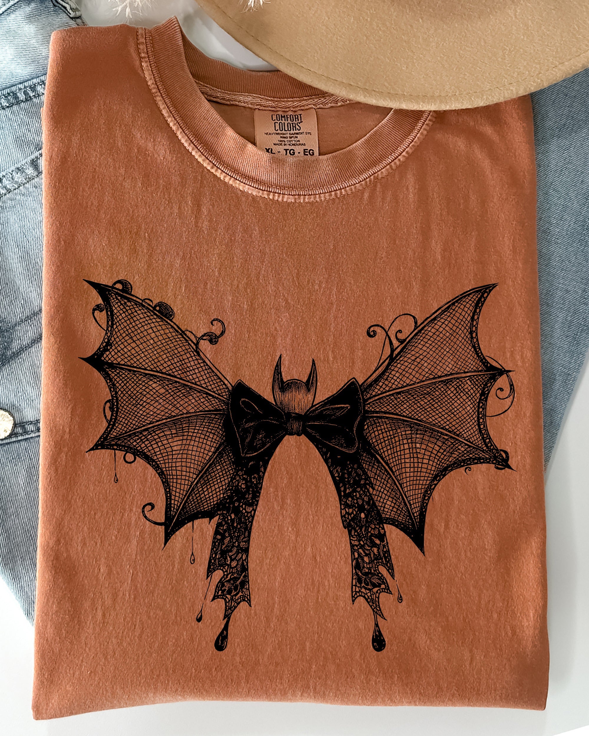 Bat & Lace Gothic Witch Tee — Garment-Dyed Comfort Colors Graphic Shirt