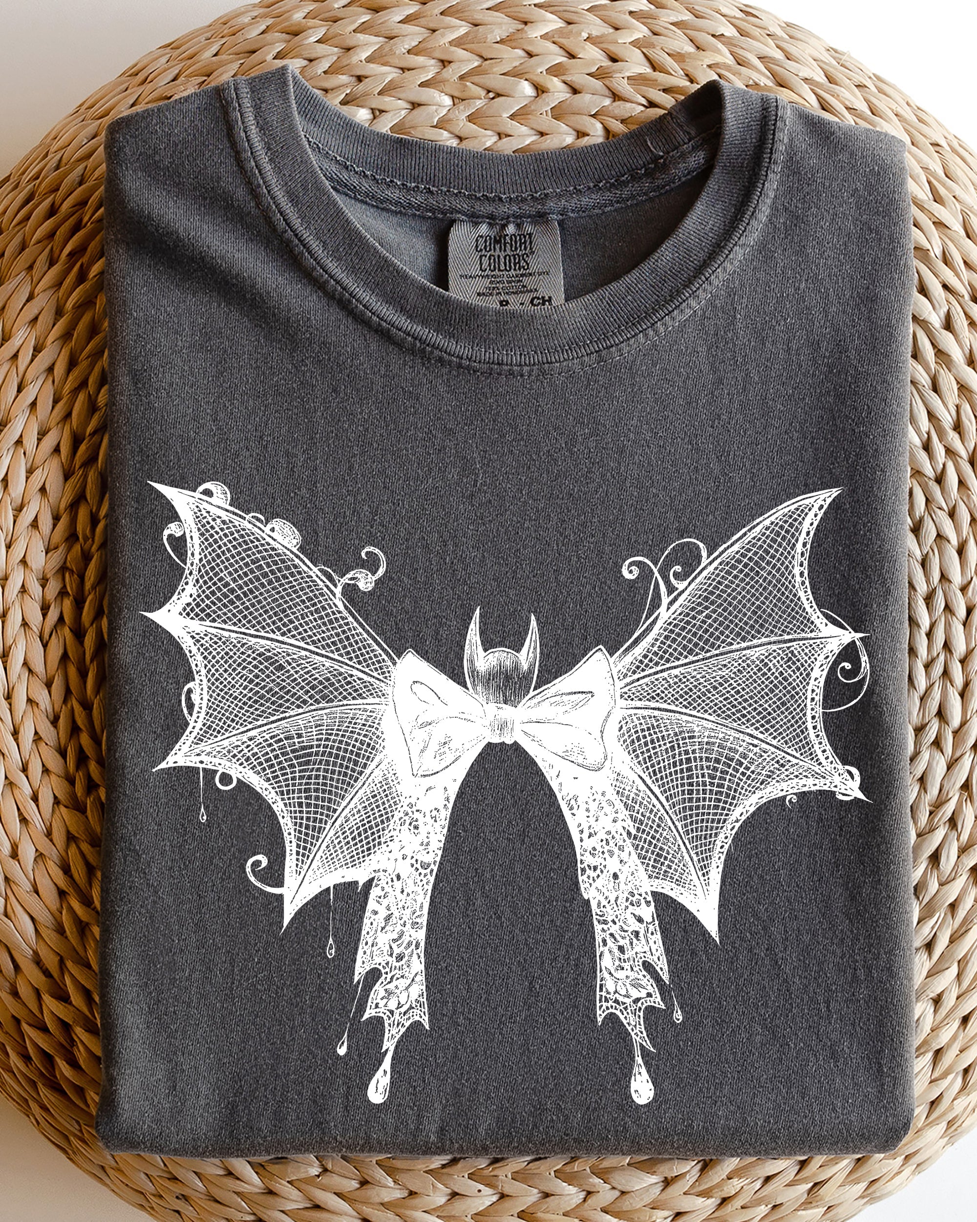 Bat & Lace Gothic Witch Tee — Garment-Dyed Comfort Colors Graphic Shirt