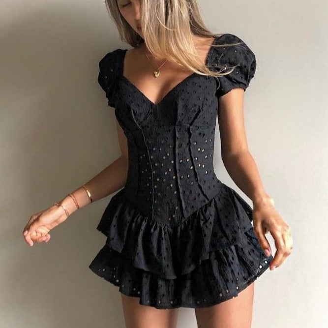Puff Sleeve V-Neck Pleated Mini Dress