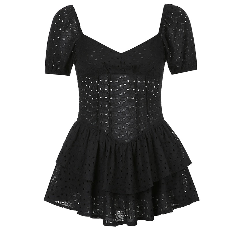 Puff Sleeve V-Neck Pleated Mini Dress