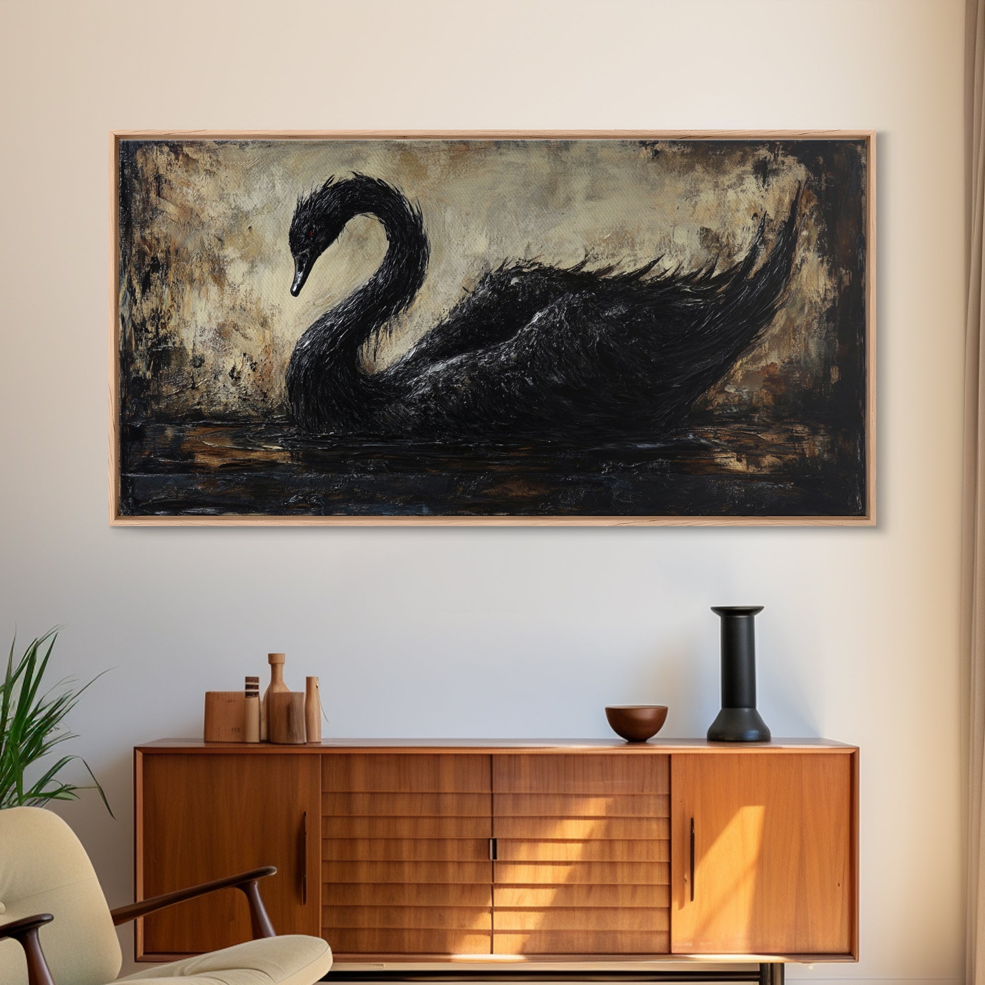 The Black Swan Framed Canvas Print - Goth Decor - Dark Academia Wall Art - Goth Painting - Swan Painting - Black Swan Wall Art Print