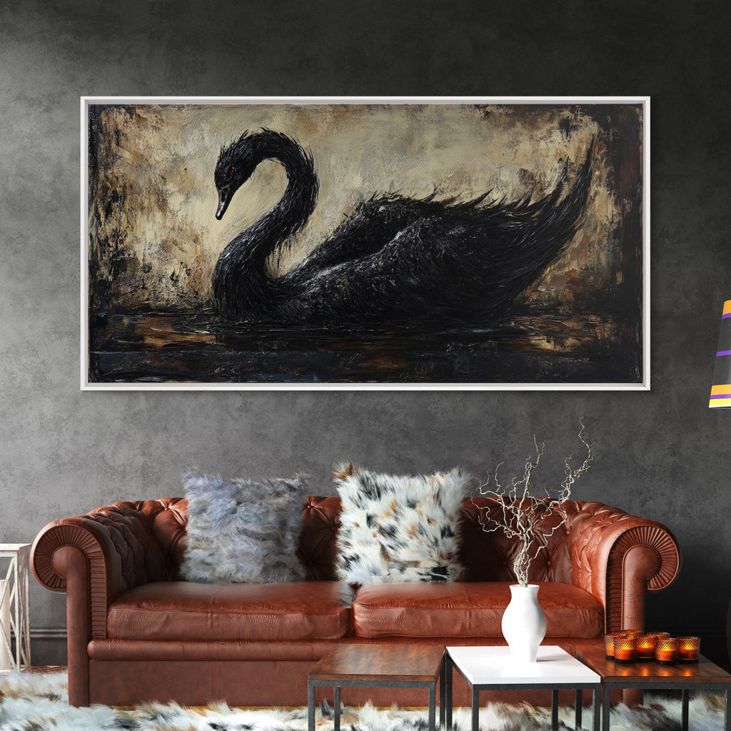 The Black Swan Framed Canvas Print - Goth Decor - Dark Academia Wall Art - Goth Painting - Swan Painting - Black Swan Wall Art Print