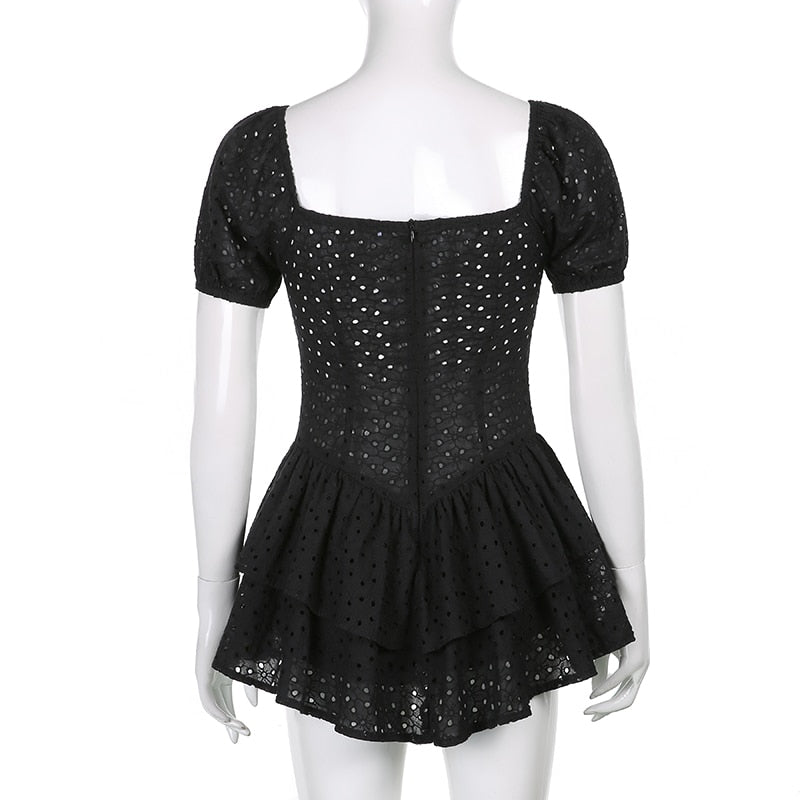Puff Sleeve V-Neck Pleated Mini Dress