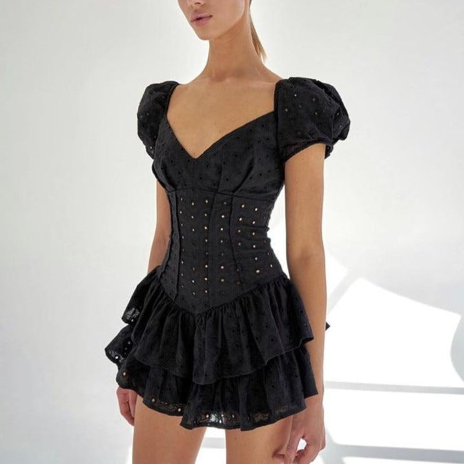 Puff Sleeve V-Neck Pleated Mini Dress
