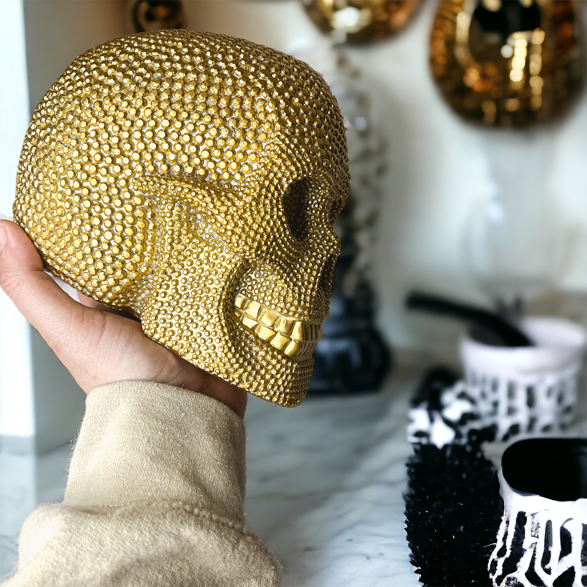 Resin Beaded Skull Statue
