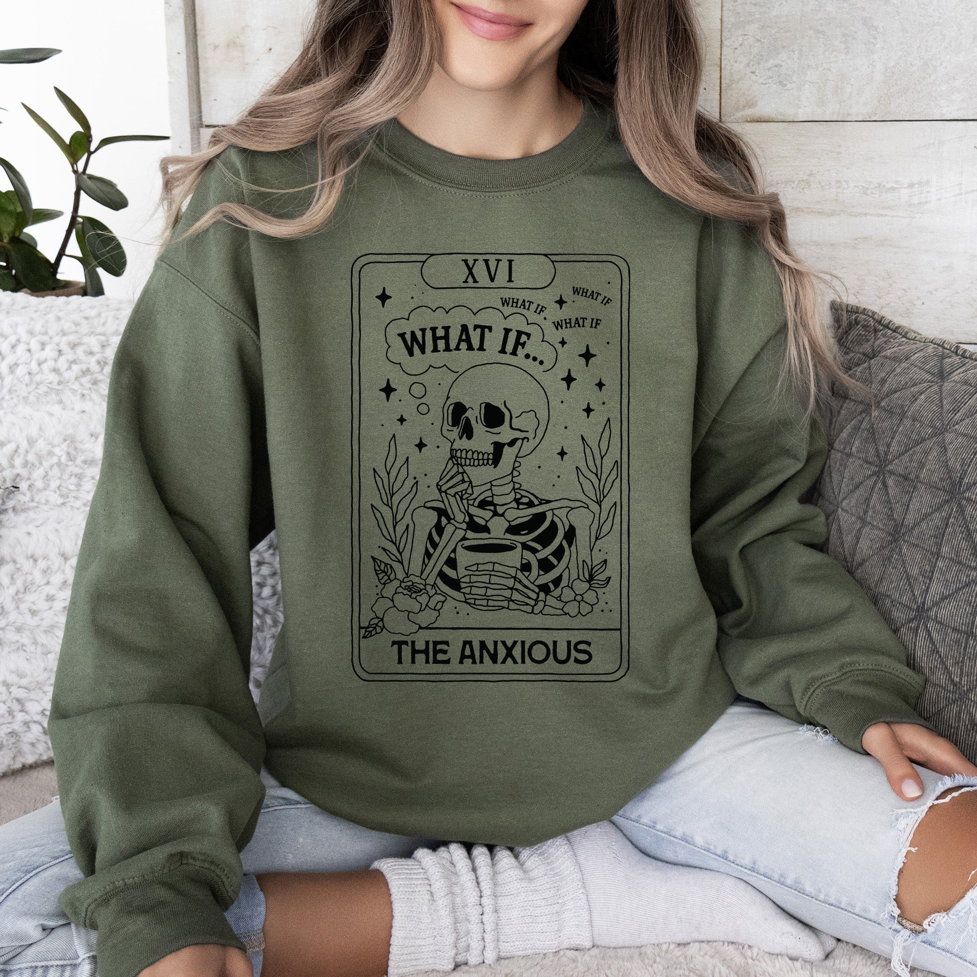 What If — The Anxious Skeleton Tarot Card Sweatshirt