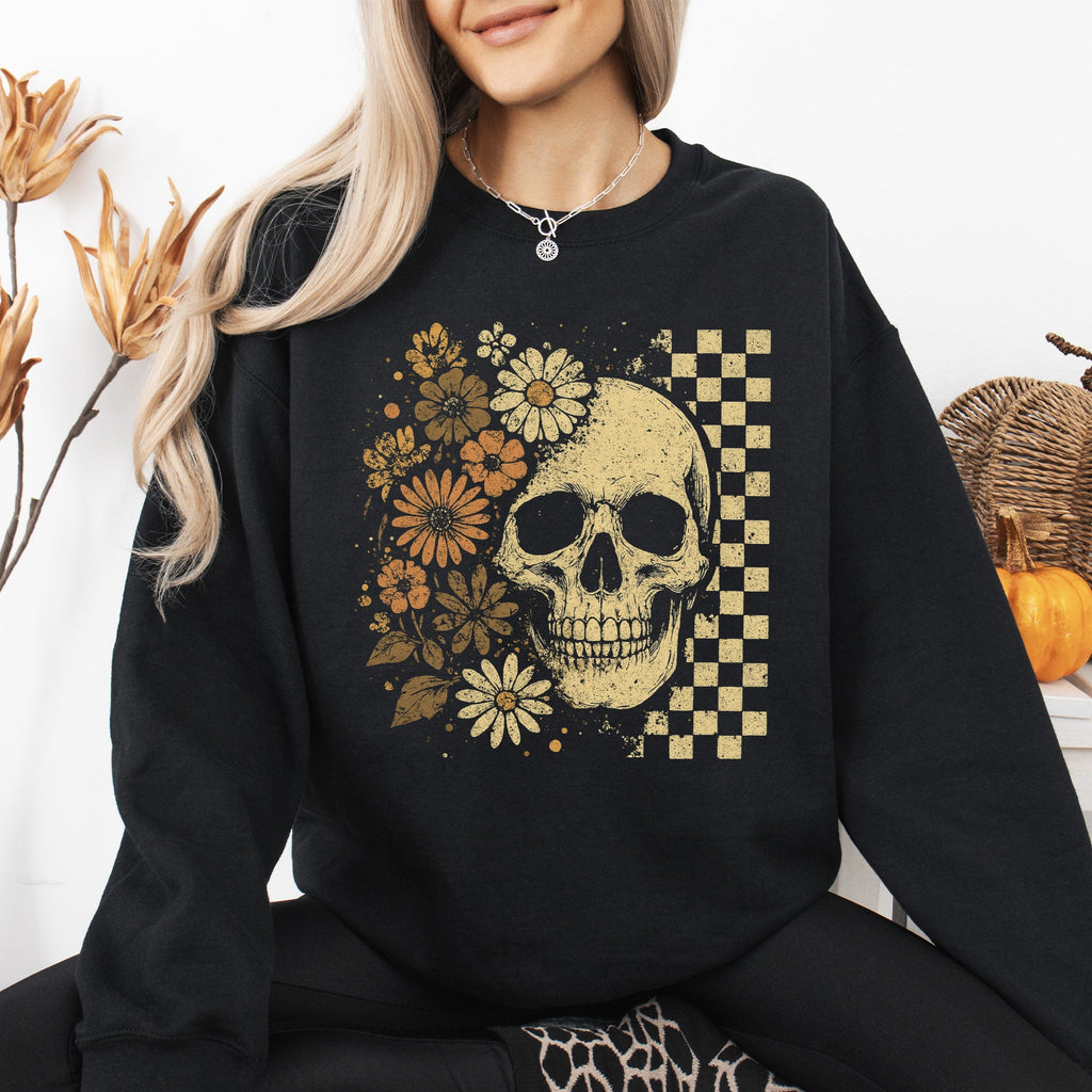 Skull Between Flowers Sweatshirt — Floral & Checkered Gothic Graphic