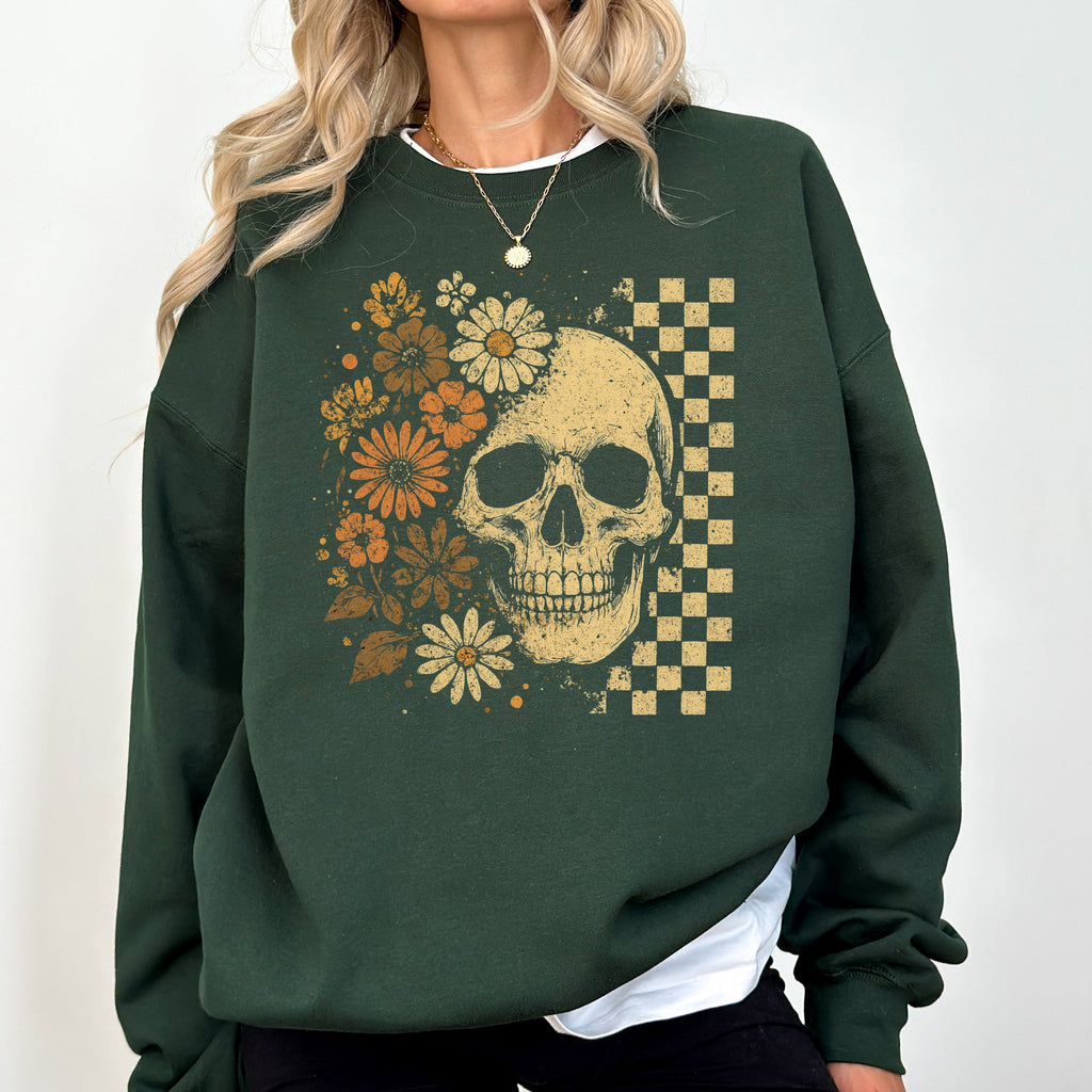 Skull Between Flowers Sweatshirt — Floral & Checkered Gothic Graphic