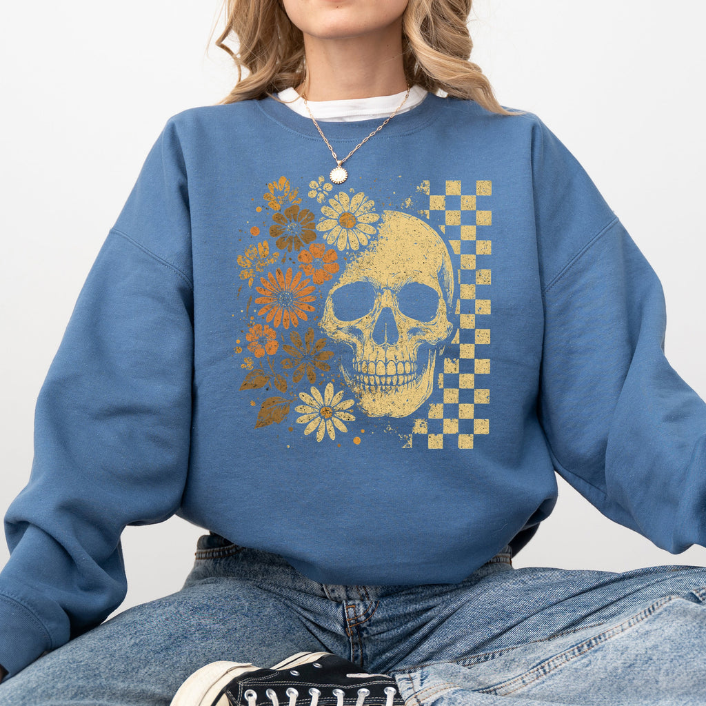 Skull Between Flowers Sweatshirt — Floral & Checkered Gothic Graphic