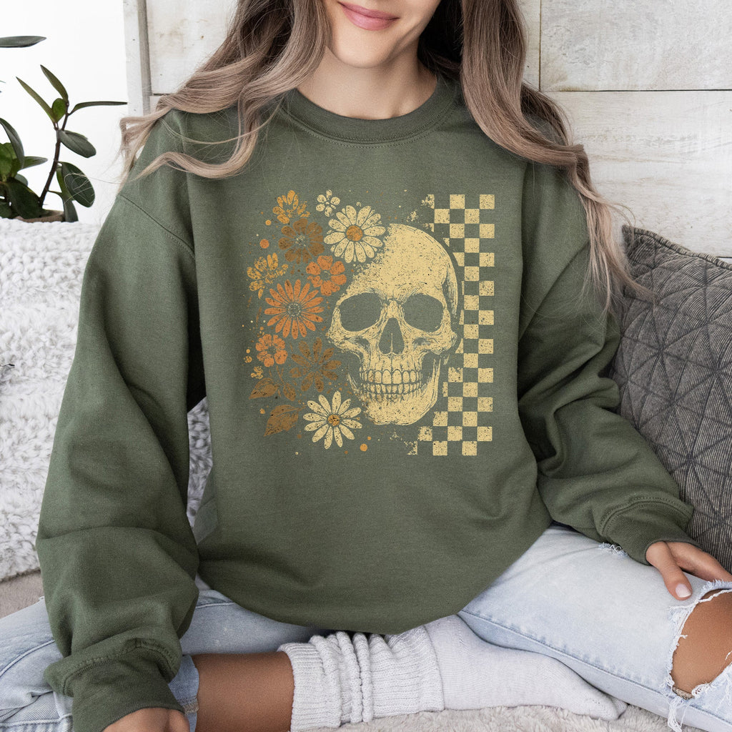 Skull Between Flowers Sweatshirt — Floral & Checkered Gothic Graphic