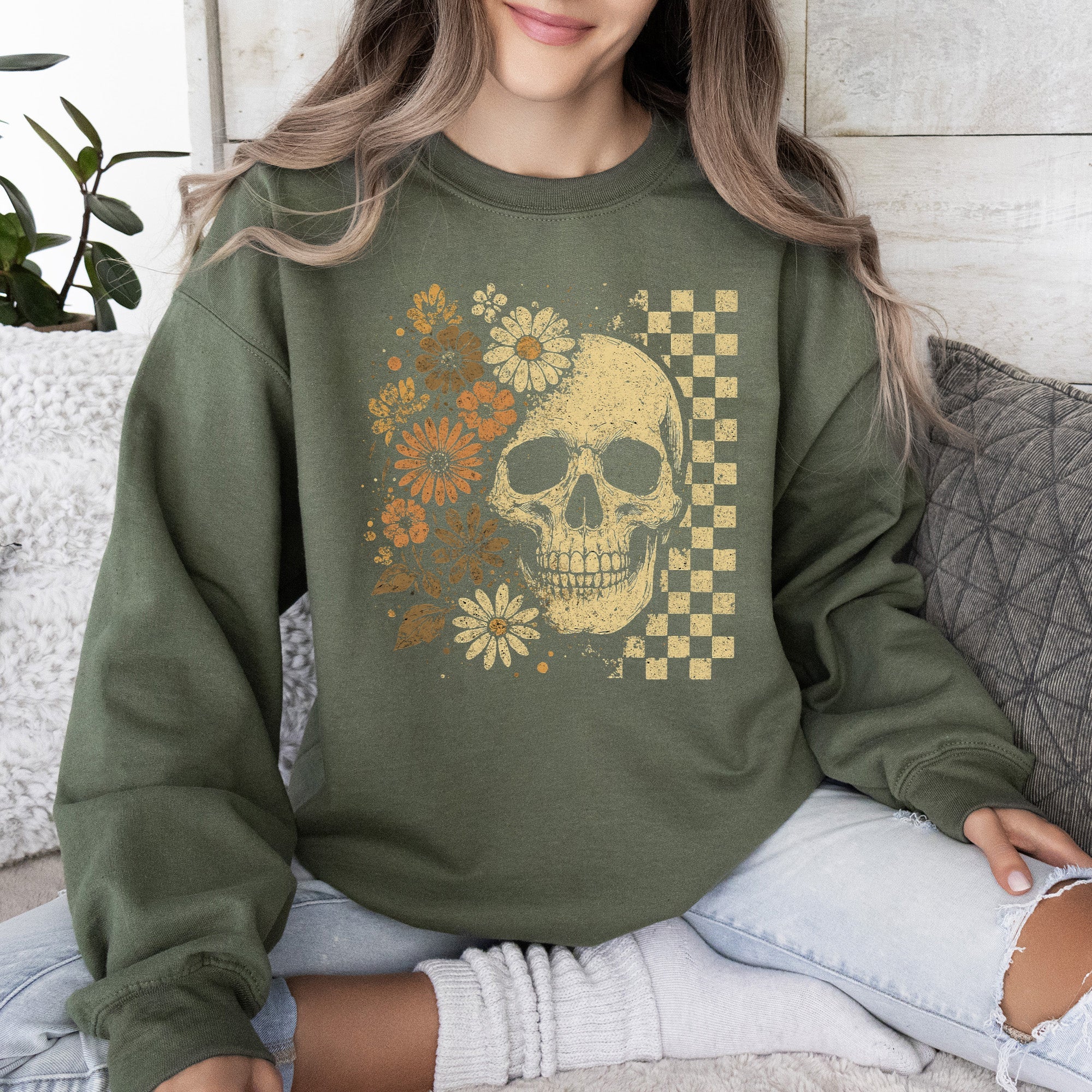 Skull Between Flowers Sweatshirt — Floral & Checkered Gothic Graphic